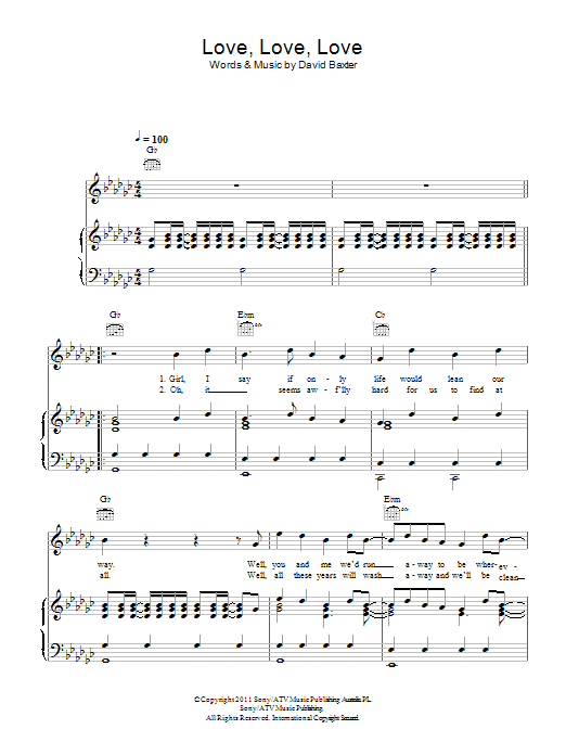 Avalanche City Love, Love, Love Sheet Music Notes & Chords for Piano, Vocal & Guitar (Right-Hand Melody) - Download or Print PDF