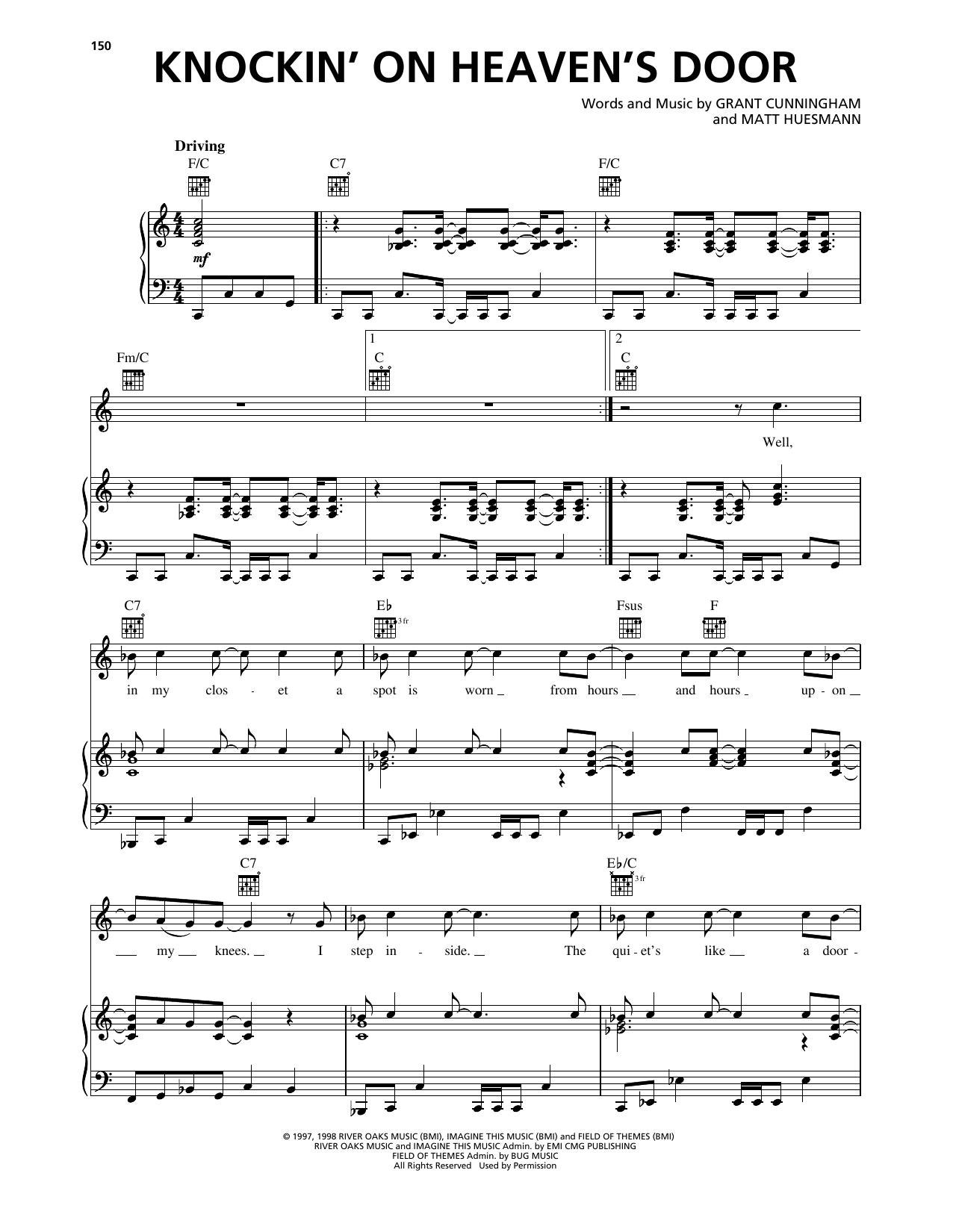 Avalon Knockin' On Heaven's Door Sheet Music Notes & Chords for Piano, Vocal & Guitar Chords (Right-Hand Melody) - Download or Print PDF