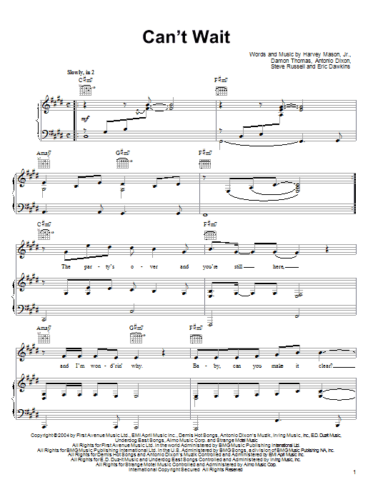 Avant Can't Wait Sheet Music Notes & Chords for Piano, Vocal & Guitar (Right-Hand Melody) - Download or Print PDF