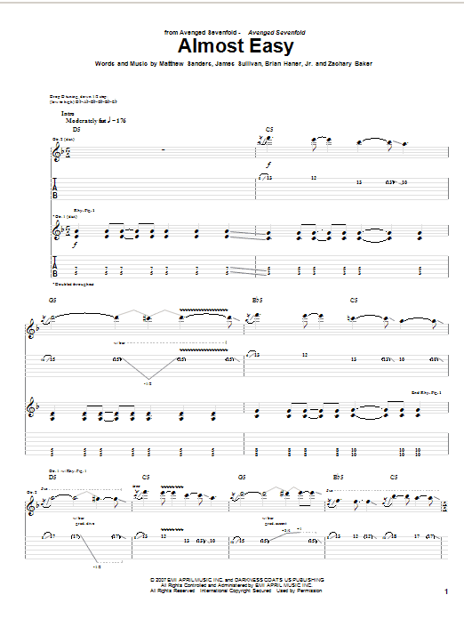 Avenged Sevenfold Almost Easy Sheet Music Notes & Chords for Guitar Tab Play-Along - Download or Print PDF