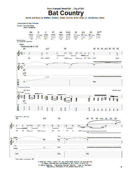 Avenged Sevenfold Bat Country Sheet Music Notes & Chords for Guitar Tab Play-Along - Download or Print PDF