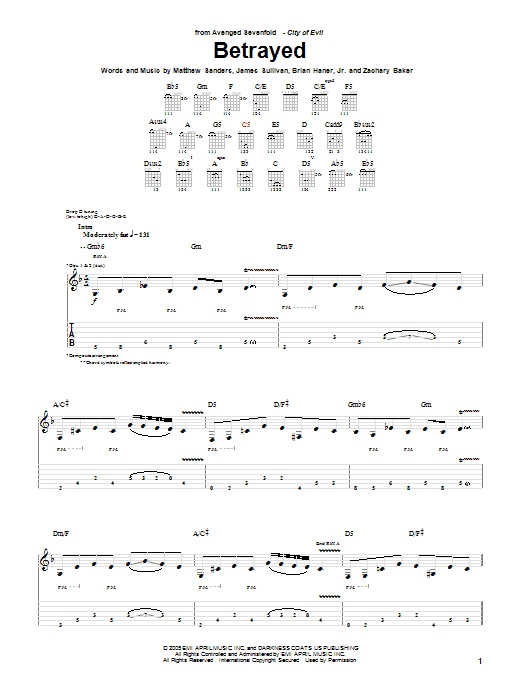 Avenged Sevenfold Betrayed Sheet Music Notes & Chords for Guitar Tab - Download or Print PDF