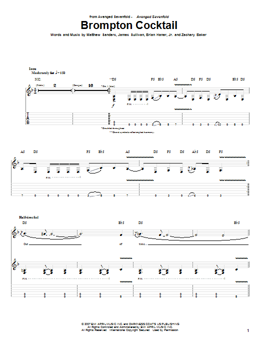 Avenged Sevenfold Brompton Cocktail Sheet Music Notes & Chords for Guitar Tab - Download or Print PDF