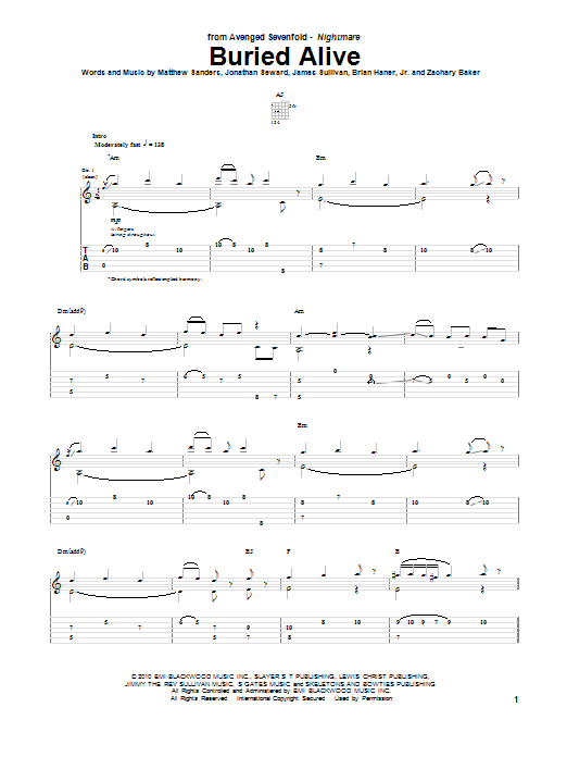 Avenged Sevenfold Buried Alive Sheet Music Notes & Chords for Bass Guitar Tab - Download or Print PDF