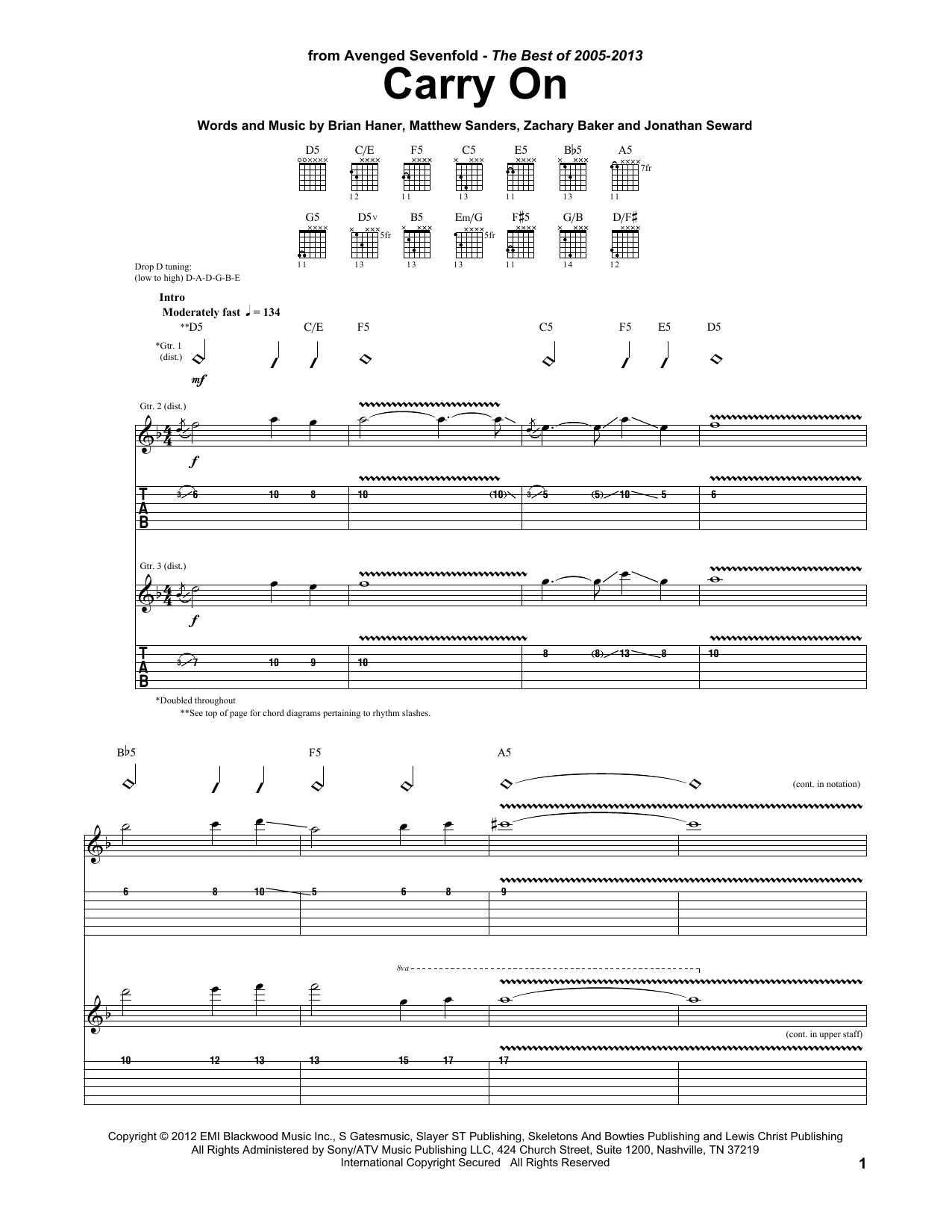 Avenged Sevenfold Carry On Sheet Music Notes & Chords for Guitar Tab - Download or Print PDF