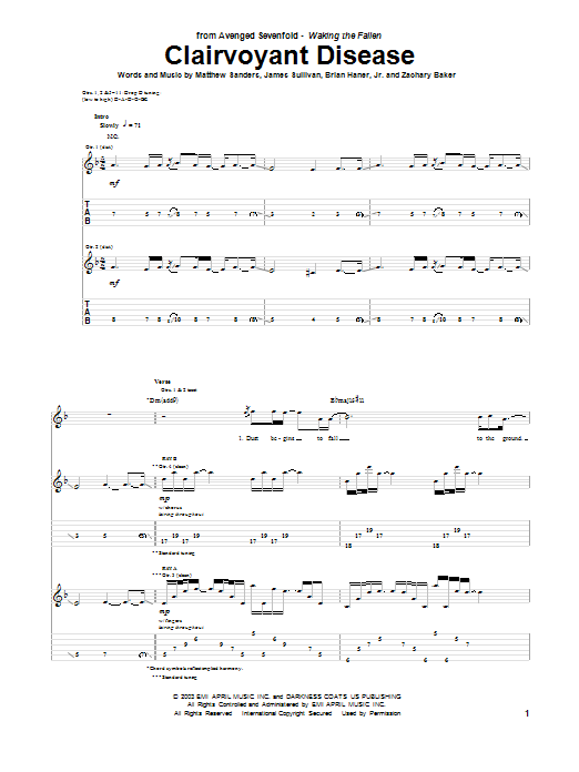 Avenged Sevenfold Clairvoyant Disease Sheet Music Notes & Chords for Guitar Tab - Download or Print PDF