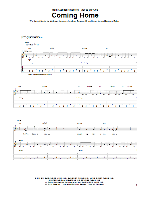 Avenged Sevenfold Coming Home Sheet Music Notes & Chords for Guitar Tab - Download or Print PDF