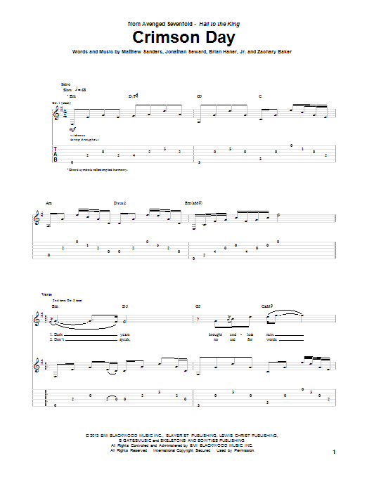 Avenged Sevenfold Crimson Day Sheet Music Notes & Chords for Guitar Tab - Download or Print PDF
