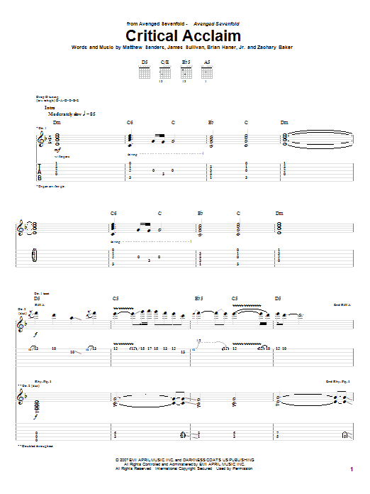 Avenged Sevenfold Critical Acclaim Sheet Music Notes & Chords for Guitar Tab - Download or Print PDF