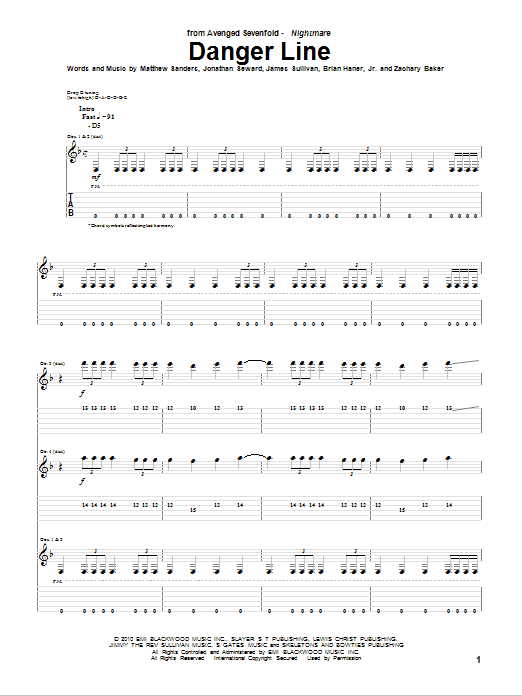 Avenged Sevenfold Danger Line Sheet Music Notes & Chords for Bass Guitar Tab - Download or Print PDF