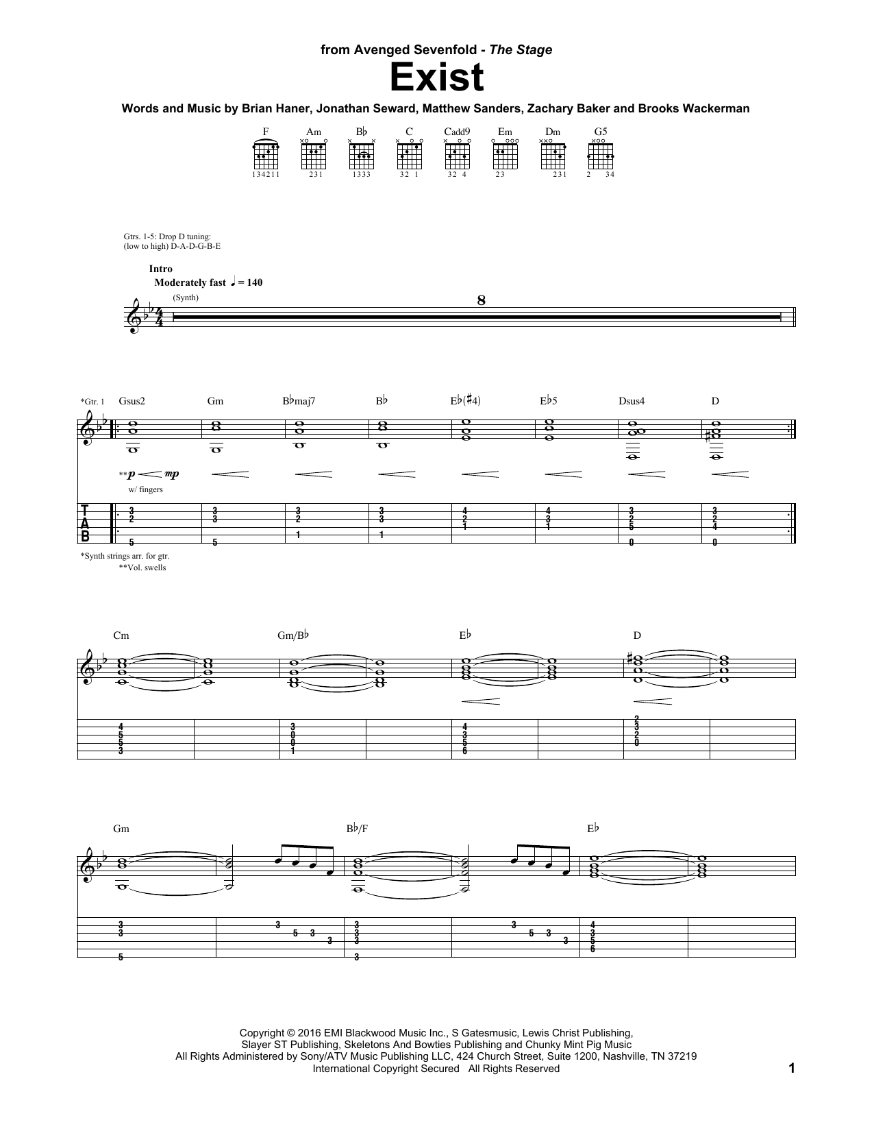 Avenged Sevenfold Exist Sheet Music Notes & Chords for Guitar Tab - Download or Print PDF