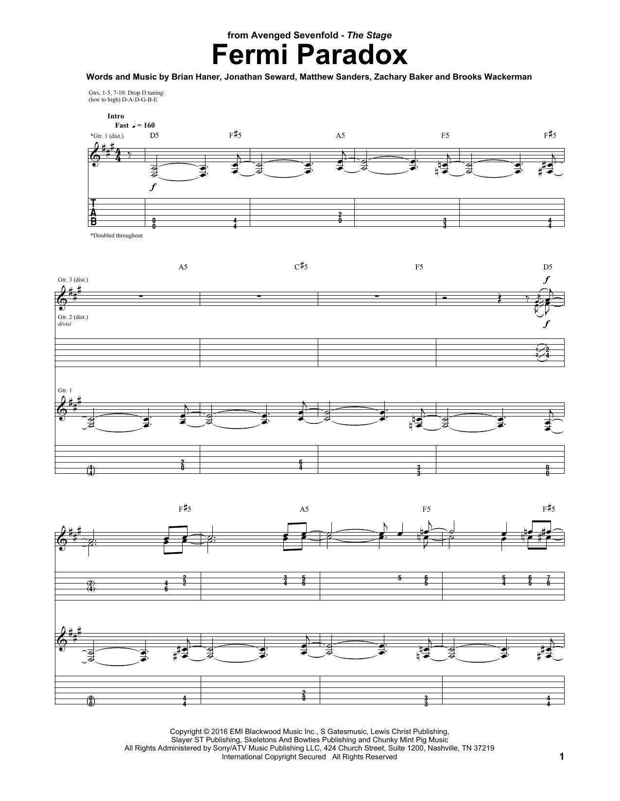 Avenged Sevenfold Fermi Paradox Sheet Music Notes & Chords for Guitar Tab - Download or Print PDF
