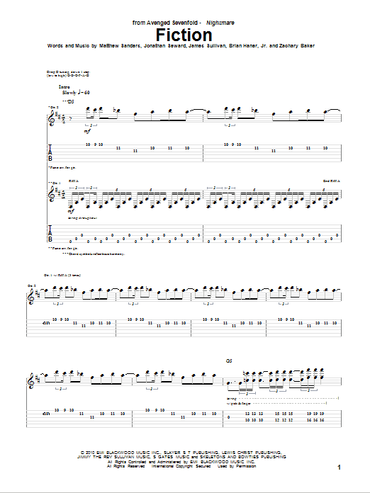 Avenged Sevenfold Fiction Sheet Music Notes & Chords for Bass Guitar Tab - Download or Print PDF