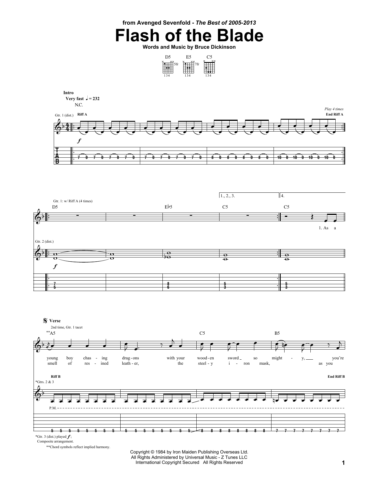 Avenged Sevenfold Flash Of The Blade Sheet Music Notes & Chords for Guitar Tab - Download or Print PDF