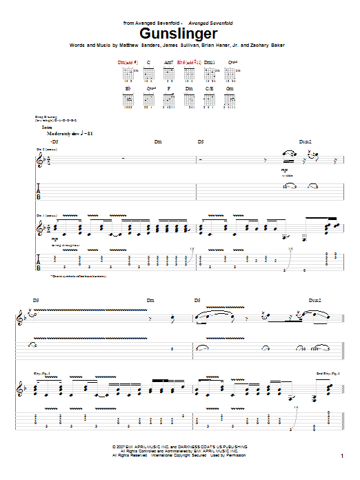 Avenged Sevenfold Gunslinger Sheet Music Notes & Chords for Guitar Tab - Download or Print PDF