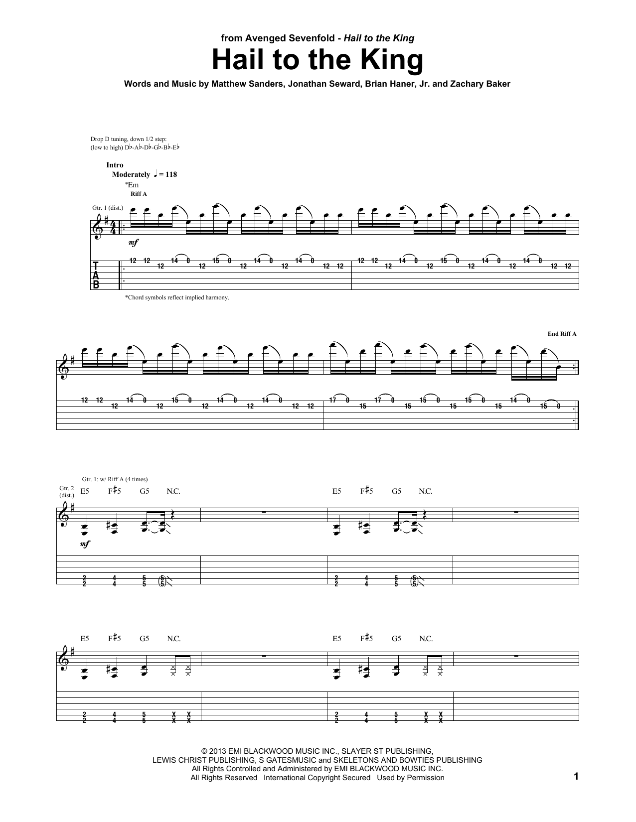 Avenged Sevenfold Hail To The King Sheet Music Notes & Chords for Guitar Tab - Download or Print PDF