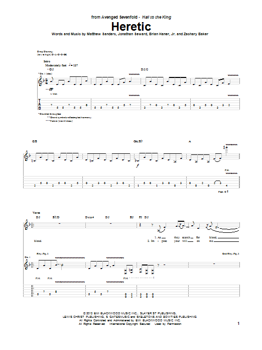 Avenged Sevenfold Heretic Sheet Music Notes & Chords for Guitar Tab - Download or Print PDF