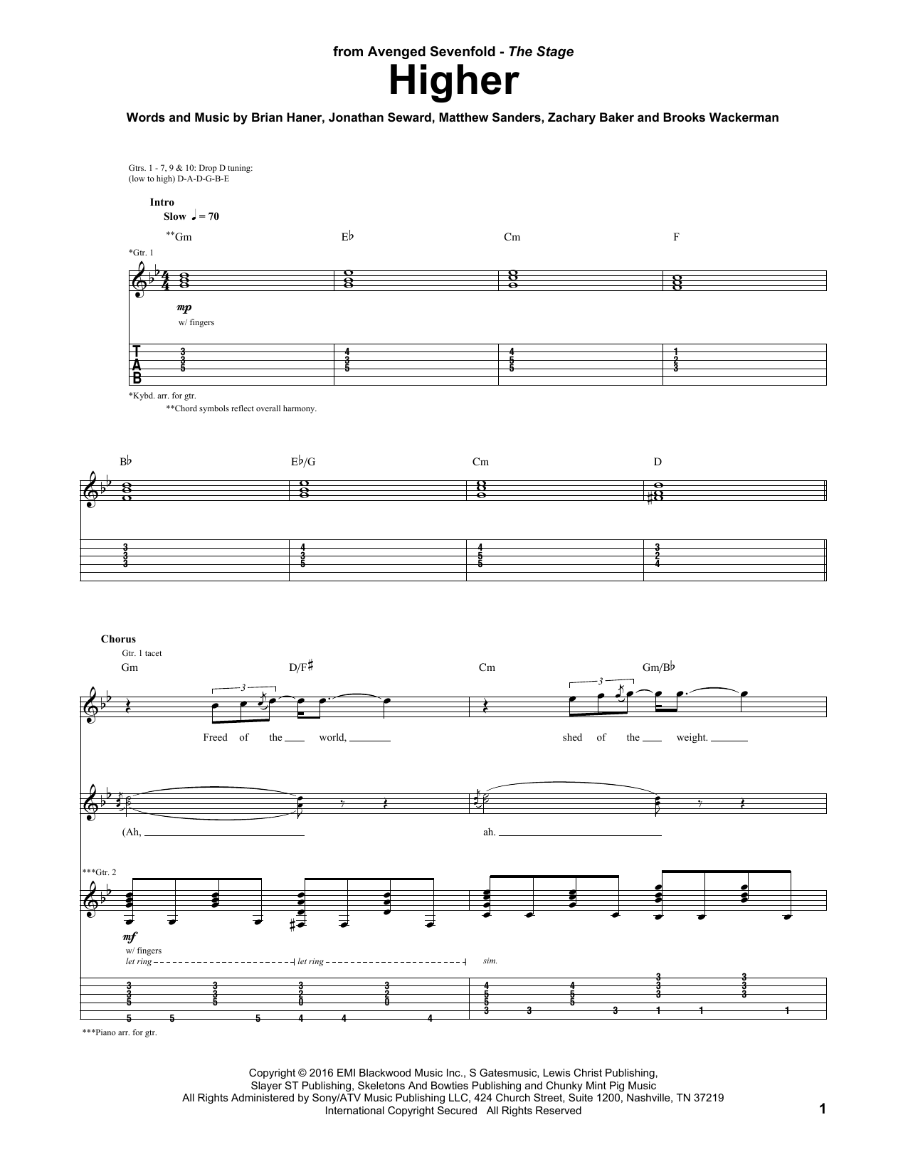 Avenged Sevenfold Higher Sheet Music Notes & Chords for Guitar Tab - Download or Print PDF