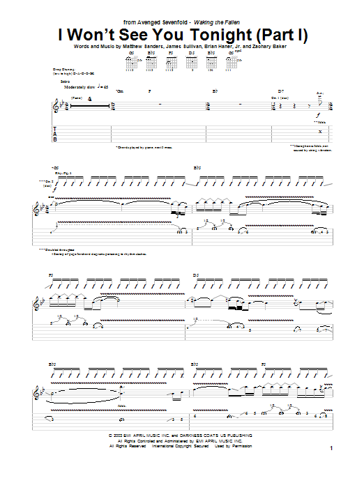 Avenged Sevenfold I Won't See You Tonight (Part I) Sheet Music Notes & Chords for Guitar Tab - Download or Print PDF