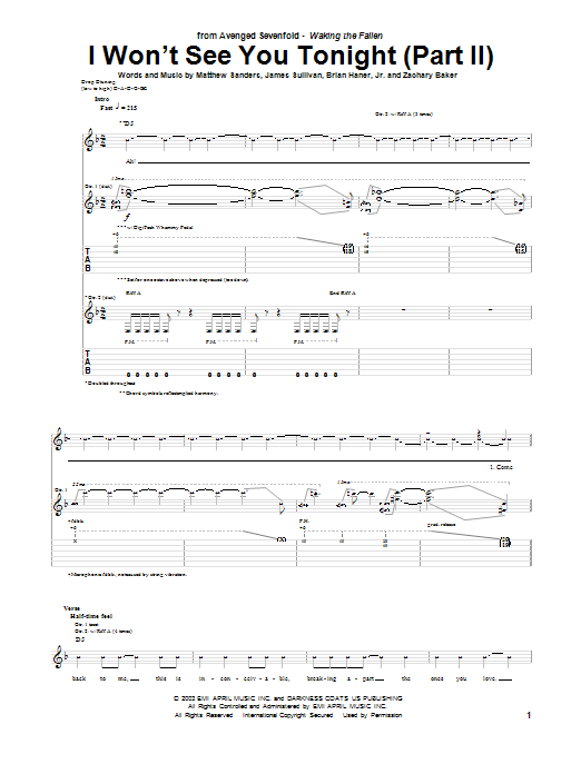 Avenged Sevenfold I Won't See You Tonight (Part II) Sheet Music Notes & Chords for Guitar Tab - Download or Print PDF