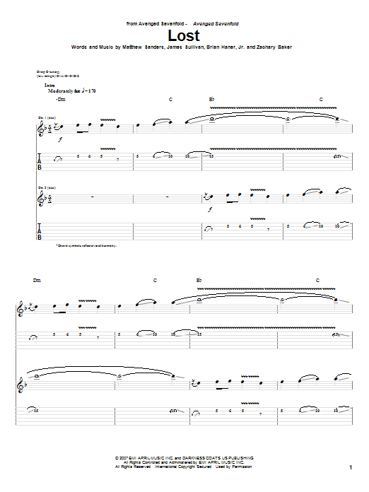 Avenged Sevenfold Lost Sheet Music Notes & Chords for Guitar Tab - Download or Print PDF