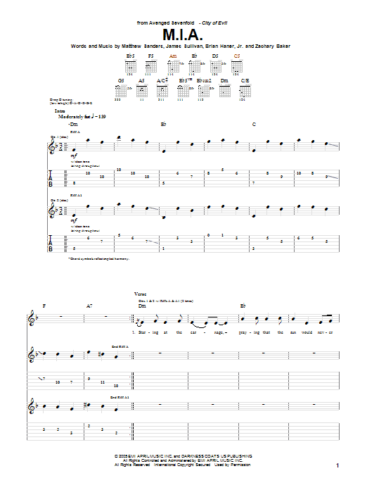 Avenged Sevenfold M.I.A. Sheet Music Notes & Chords for Guitar Tab - Download or Print PDF