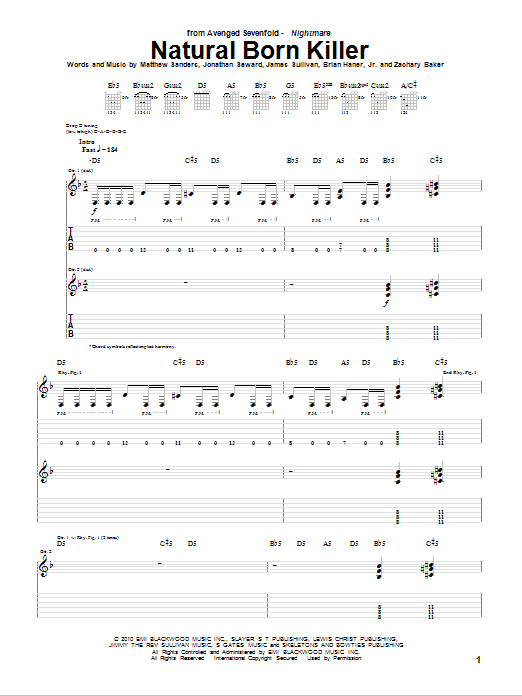 Avenged Sevenfold Natural Born Killer Sheet Music Notes & Chords for Bass Guitar Tab - Download or Print PDF