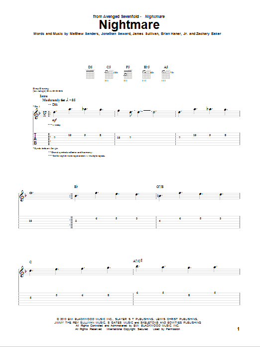 Avenged Sevenfold Nightmare Sheet Music Notes & Chords for Guitar Tab Play-Along - Download or Print PDF
