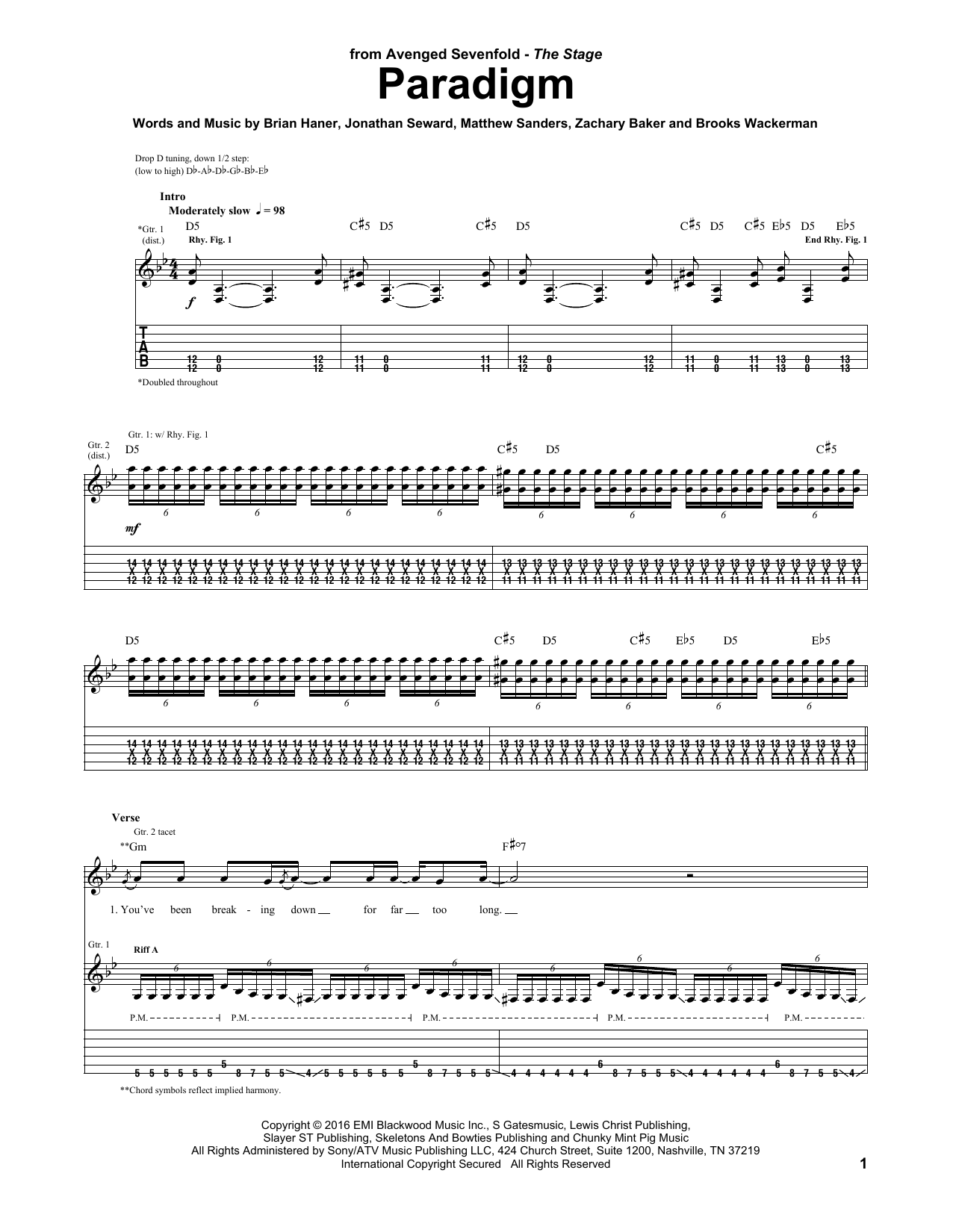Avenged Sevenfold Paradigm Sheet Music Notes & Chords for Guitar Tab - Download or Print PDF