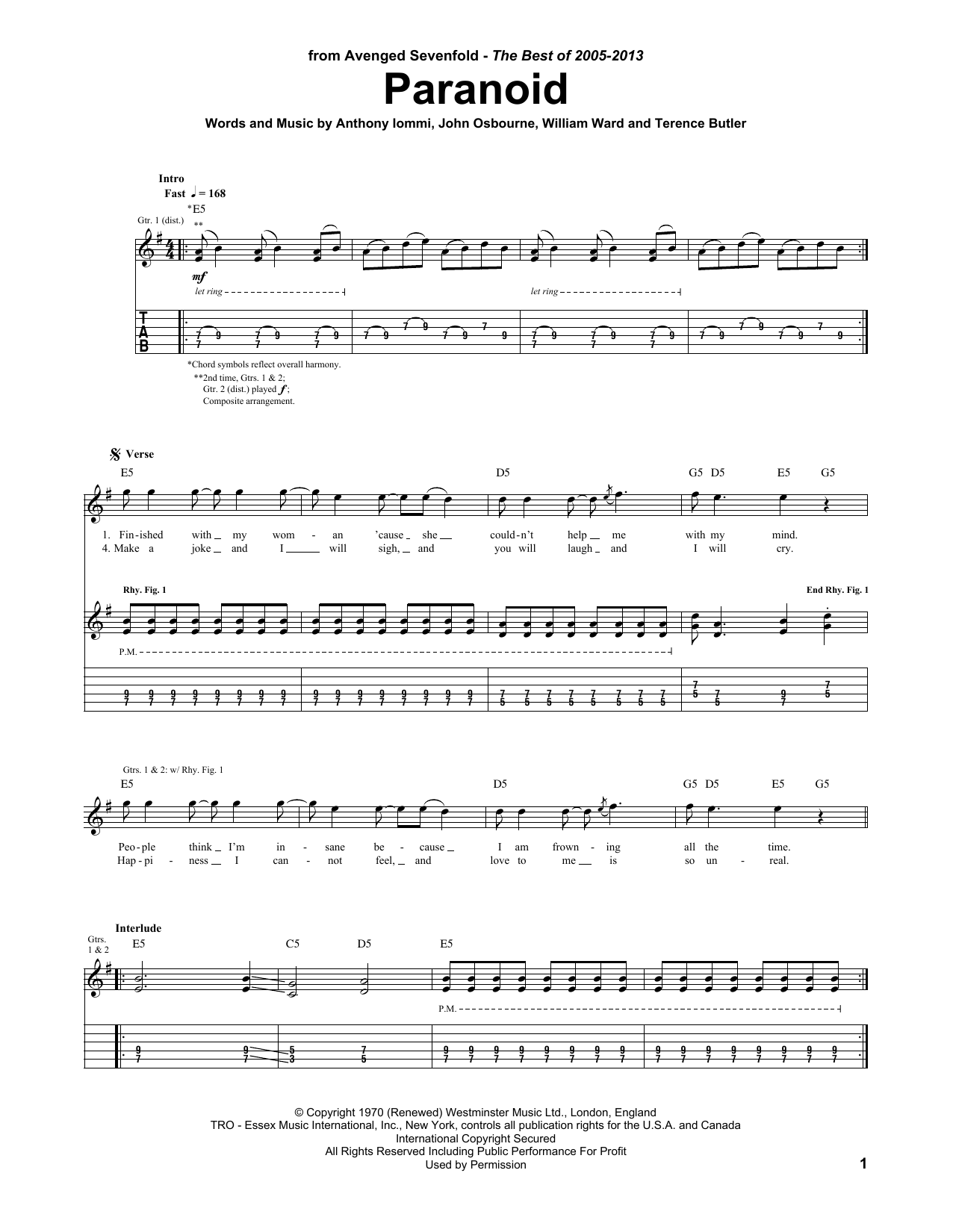 Avenged Sevenfold Paranoid Sheet Music Notes & Chords for Guitar Tab - Download or Print PDF