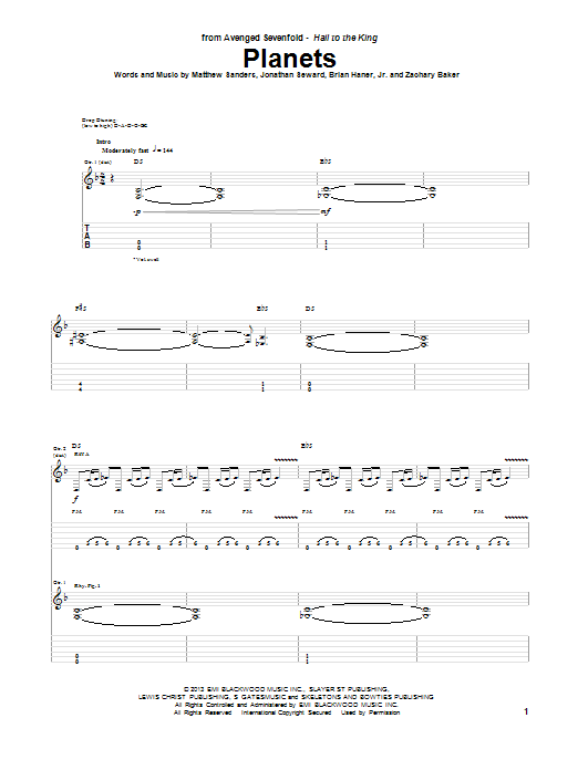 Avenged Sevenfold Planets Sheet Music Notes & Chords for Guitar Tab - Download or Print PDF