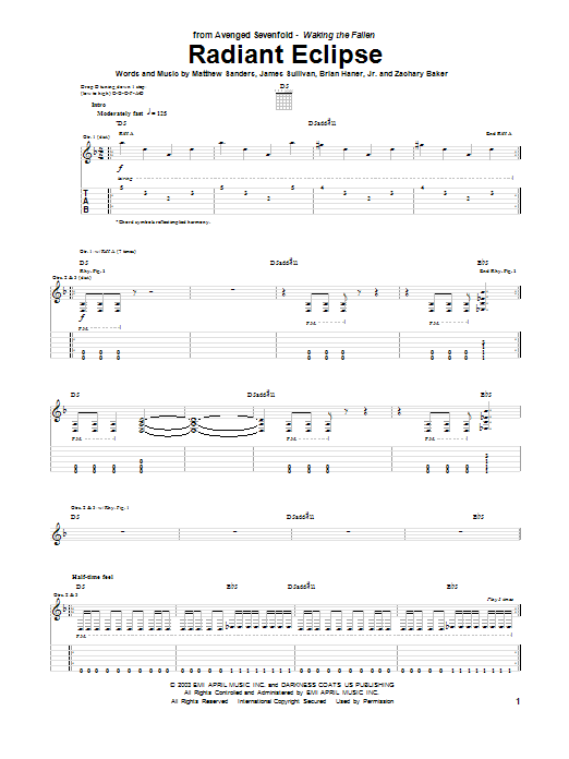 Avenged Sevenfold Radiant Eclipse Sheet Music Notes & Chords for Guitar Tab - Download or Print PDF