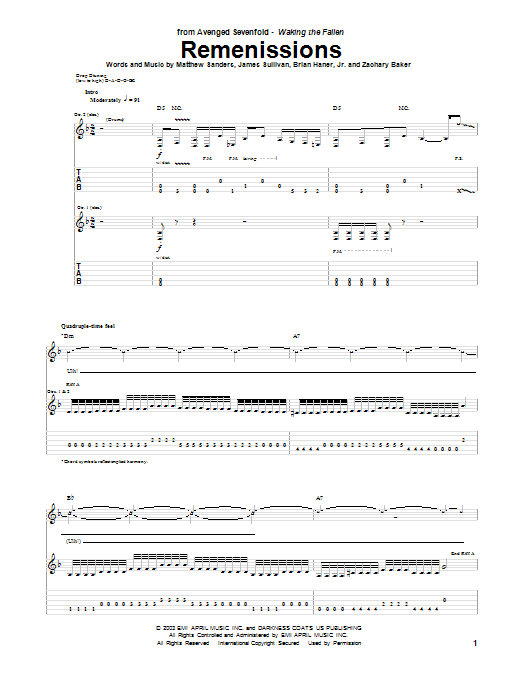 Avenged Sevenfold Remenissions Sheet Music Notes & Chords for Guitar Tab - Download or Print PDF