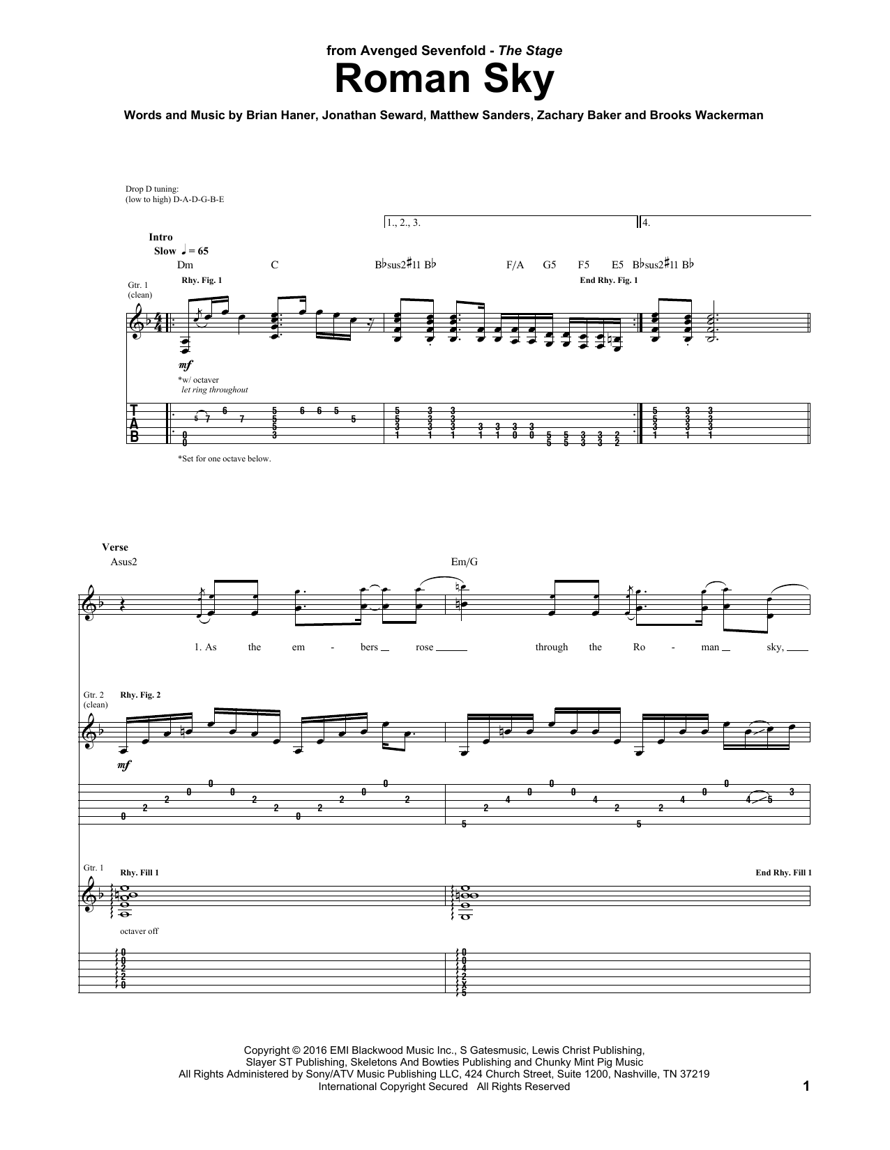 Avenged Sevenfold Roman Sky Sheet Music Notes & Chords for Guitar Tab - Download or Print PDF