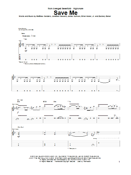 Avenged Sevenfold Save Me Sheet Music Notes & Chords for Bass Guitar Tab - Download or Print PDF