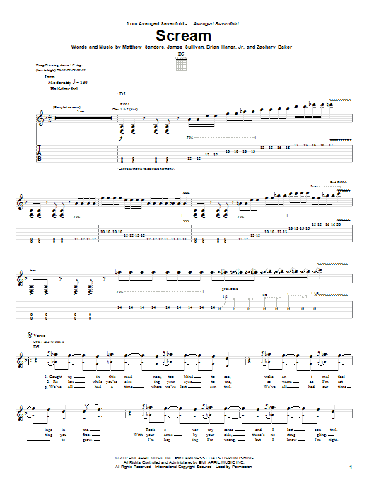 Avenged Sevenfold Scream Sheet Music Notes & Chords for Guitar Tab - Download or Print PDF