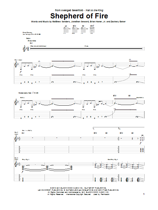 Avenged Sevenfold Shepherd Of Fire Sheet Music Notes & Chords for Guitar Tab - Download or Print PDF