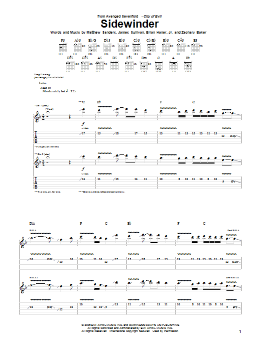 Avenged Sevenfold Sidewinder Sheet Music Notes & Chords for Guitar Tab - Download or Print PDF