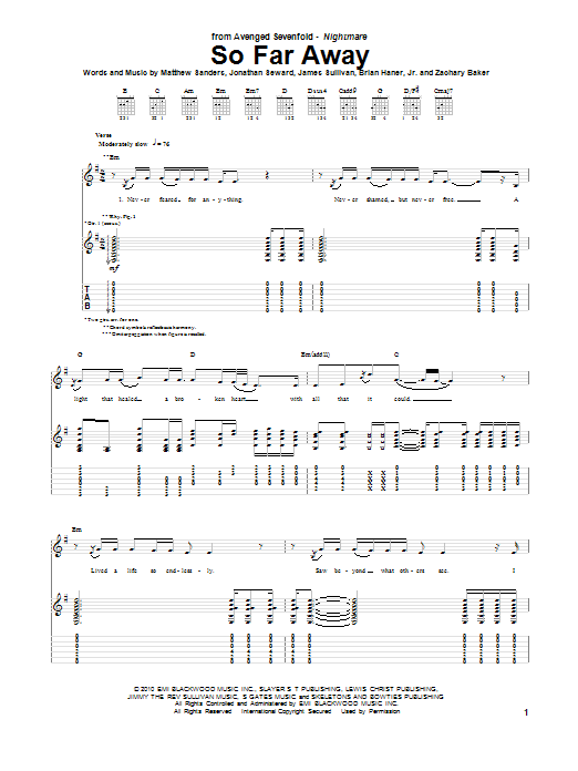 Avenged Sevenfold So Far Away Sheet Music Notes & Chords for Guitar Tab - Download or Print PDF