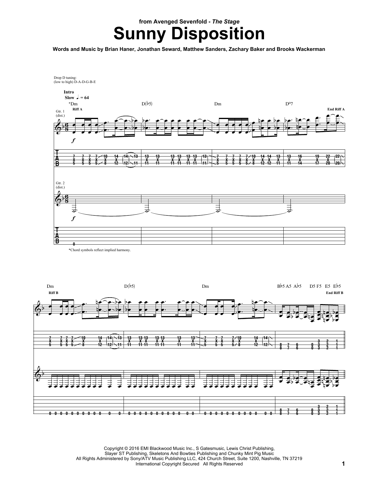 Avenged Sevenfold Sunny Disposition Sheet Music Notes & Chords for Guitar Tab - Download or Print PDF