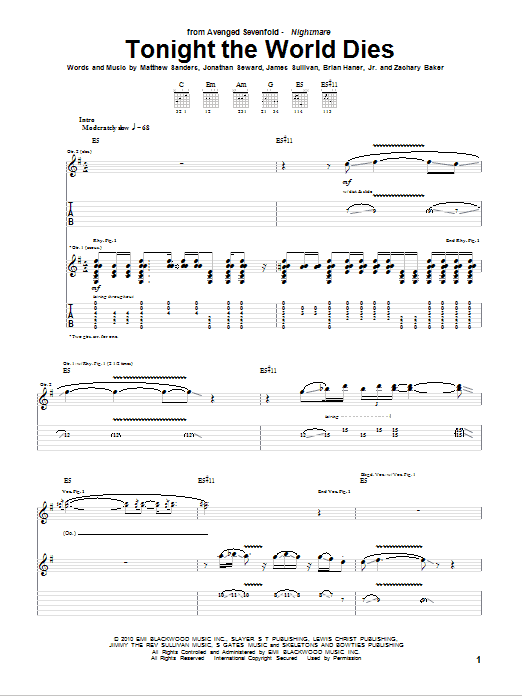 Avenged Sevenfold Tonight The World Dies Sheet Music Notes & Chords for Bass Guitar Tab - Download or Print PDF