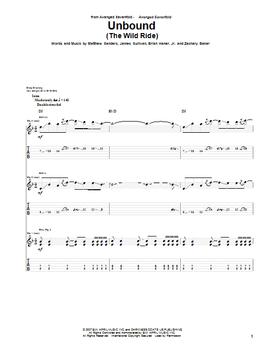 Avenged Sevenfold Unbound (The Wild Ride) Sheet Music Notes & Chords for Guitar Tab - Download or Print PDF