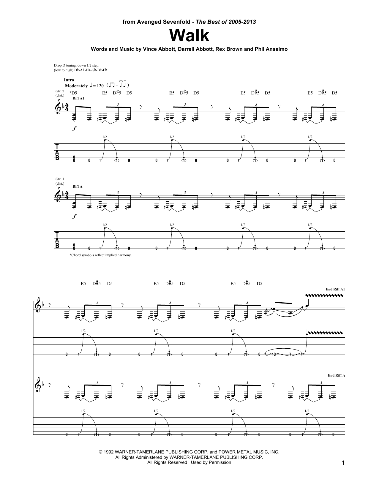 Avenged Sevenfold Walk Sheet Music Notes & Chords for Guitar Tab - Download or Print PDF