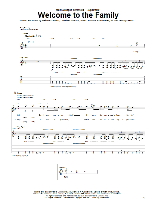 Avenged Sevenfold Welcome To The Family Sheet Music Notes & Chords for Bass Guitar Tab - Download or Print PDF