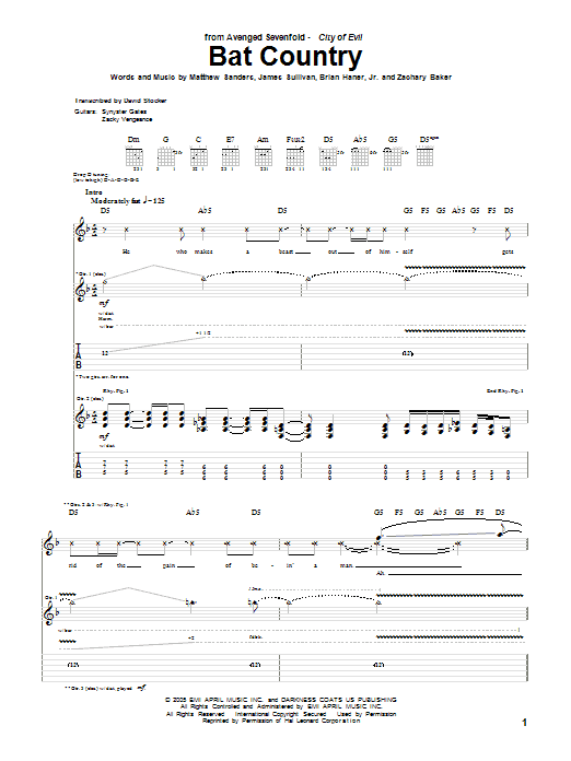 Preview Avenged Sevenfold Bat Country Rock sheet music, notes and chords for Guitar Tab, SKU: 54045 Bat Country sheet music