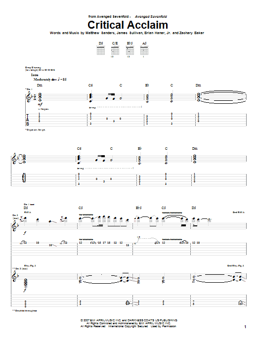 Preview Avenged Sevenfold Critical Acclaim Pop sheet music, notes and chords for Guitar Tab, SKU: 63886 Critical Acclaim sheet music