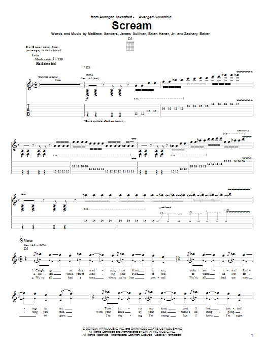 Preview Avenged Sevenfold Scream Pop sheet music, notes and chords for Guitar Tab, SKU: 63881 Scream sheet music