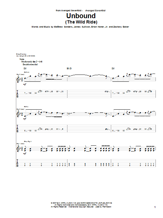 Preview Avenged Sevenfold Unbound (The Wild Ride) Pop sheet music, notes and chords for Guitar Tab, SKU: 63880 Unbound (The Wild Ride) sheet music