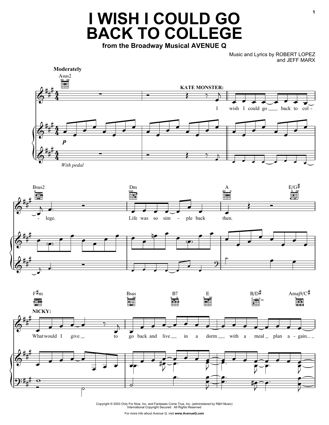 Avenue Q I Wish I Could Go Back To College Sheet Music Notes & Chords for Piano, Vocal & Guitar (Right-Hand Melody) - Download or Print PDF