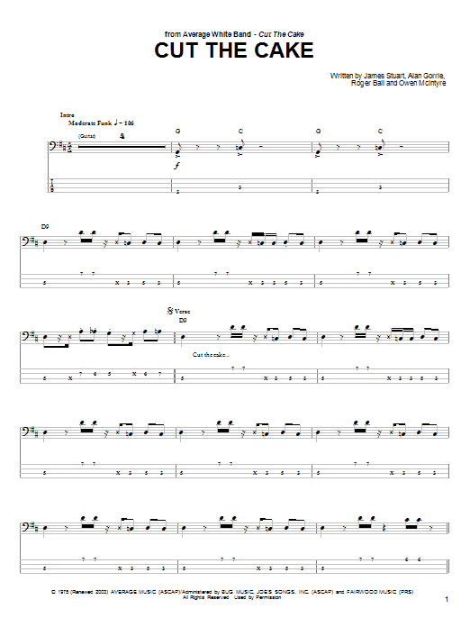 Average White Band Cut The Cake Sheet Music Notes & Chords for Bass Guitar Tab - Download or Print PDF